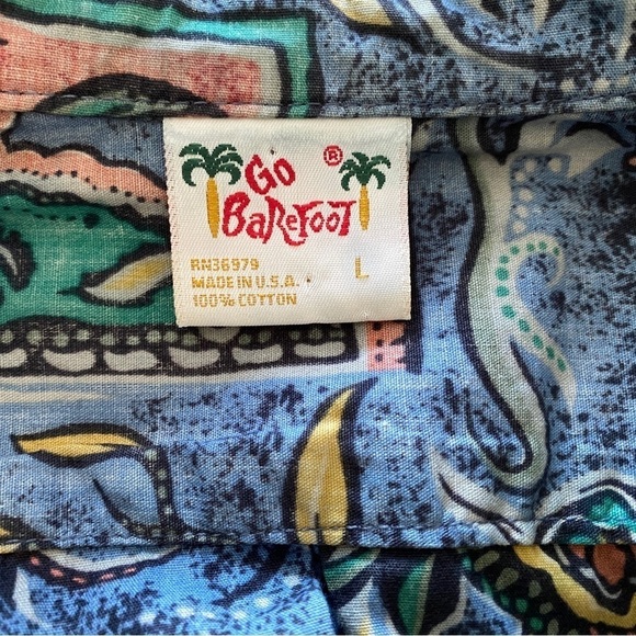 GO BAREFOOT Reverse Print Blue Hawaii Aloha Hawaiian Shirt Men L Large - Picture 5 of 6